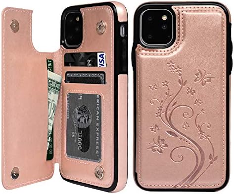 Compatible with iPhone 11 Pro Max Wallet Case, Case with Card Holder Embossed Butterfly Premium PU Leather Double Magnetic Buttons Flip Shockproof Protective Cover 6.5 inch, Rose Gold