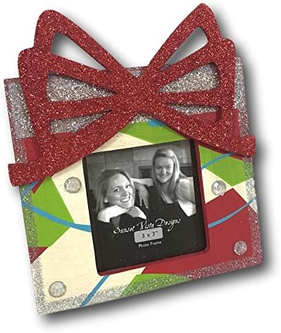 Holiday Present Picture Photo Frame Friends Women Bow Ribbon Glitter Striped Red 3 by 3 Square