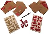 Valentines Day Card Making Kit - 8 Blank Kraft Cards w/ 8 Envelopes, Gold and Red Glitter Stickers, Felt Stickers and Black Pen
