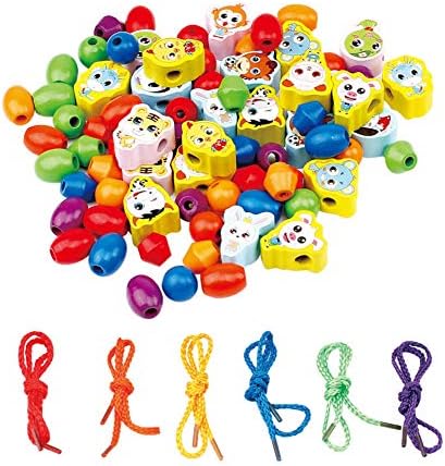 INvench Wooden Lacing Beads Activity Toy - Childrens Threading STEM Wood Fruit Animals Toy DIY Beads Developmental Toys for 3 Years Old (Animals)