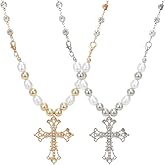 ANATTASOUL 2 Pcs Vintage Pearl Cross Necklaces for Women - Crystal Cross Necklace in Gold & Silver, Stainless Steel Bead Chain Gothic Wedding Jewelry