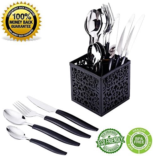Siverware Set Moxinox 16-Piece Stainless Steel Flatware Set Plastic Handle Service for 4 with Plastic Caddy Dinnerware Tableware Cutlery (Black)