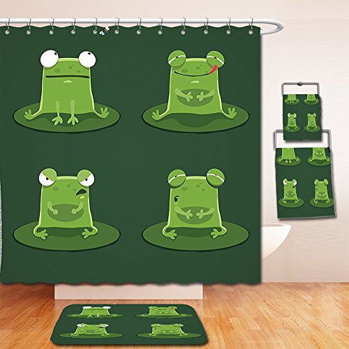 Click Here to See More Images Nalahome Bath Suit: Showercurtain Bathrug Bathtowel Handtowel Funny Decor Funny Muzzy Frog on Lily Pad in Pond Hunting Tasty Fly Expressions Cartoon Animal Theme Bottle green