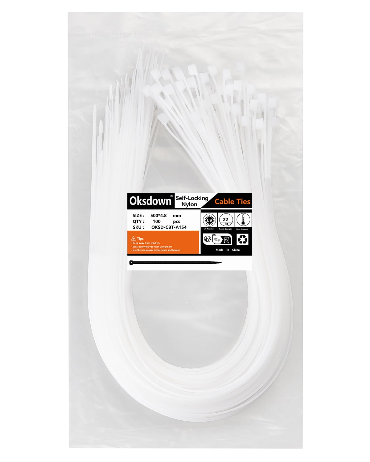 Oksdown 100 Pack White Plastic Cable Ties 500mm×4.8mm Strong Nylon Heavy Duty Self Locking 20 inch/50 cm Long Zip Tie Wraps