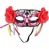 KEPATO Masquerade Death Masks with Red Flowers Lace for Halloween Party,Day of the Dead Sugar Skull Mask,dia de los muertos
