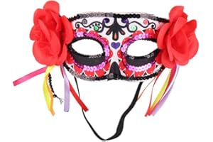 KEPATO Masquerade Death Masks with Red Flowers Lace for Halloween Party,Day of the Dead Sugar Skull Mask,dia de los muertos