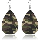 Dreuyet Camo Earrings for Women Camouflage Leather Teardrop Dangle Earrings Lightweight Colorful Cool Waterdrop Green Brown Camouflage Print Leather Drop Jewelry