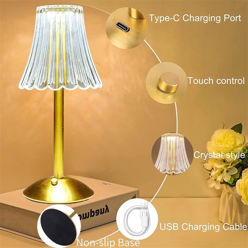 Crystal Table Lamp, Dimmable 3-Color LED Touch Cordless Lamp, Rechargeable Small Nightstand and Bedside Lamp for Bedroom, Bar and Restaurant, 28.5 x 12 CM