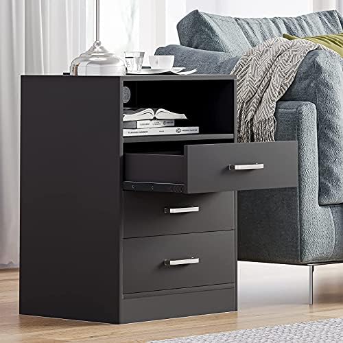 ADORNEVE Black Nightstand with USB Port, Side End Table,with Storage