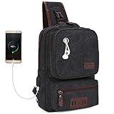 VICUNA POLO Canvas Sling Bag USB Charge Sport Travel Crossbody Backpack For Men(black)