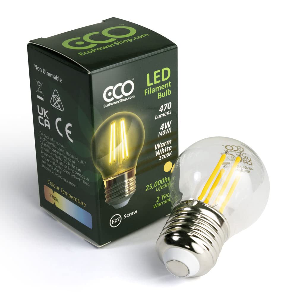 ECO 40W Vintage LED Golf Ball Bulb, Low Energy 4W LED Filaments, 470 Lumen, Clear Glass, Warm White (2700K), E27 Large Edison Screw Fitting, G45 Golf Ball Size, 25000Hrs Lifetime