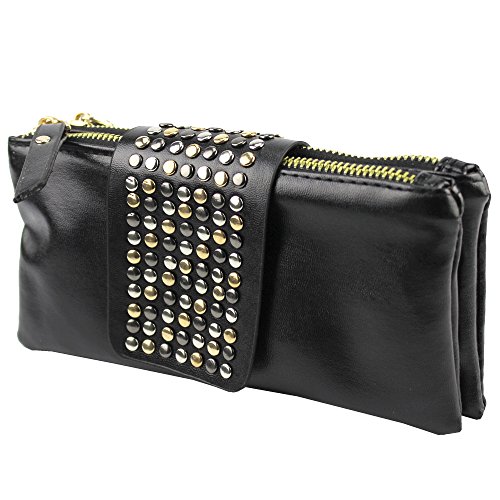 New Women's Leather Handbag Mosaic Rivets Shoulder Day Clutch Evening Bag Wallet Purse Wrist Bag (Black)