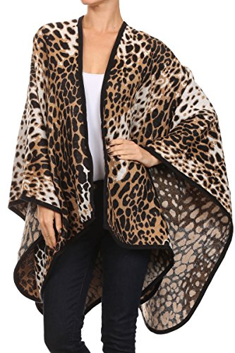 ReneeC. Women's Print Open Front Winter Fashion Cardigan Sweater Poncho (One Size, Leopard Wrap)