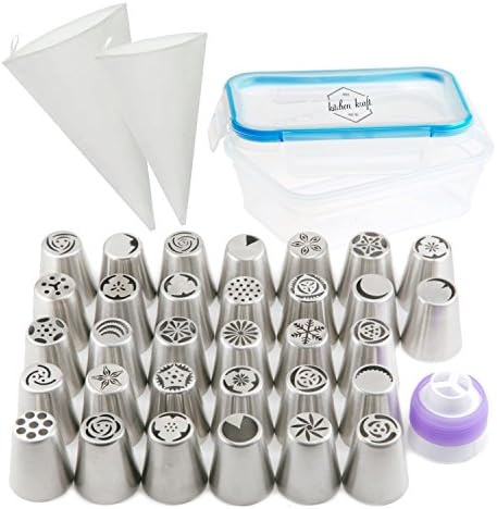 Russian Piping Tips 36 pcs Set - Includes 32 Unique Cake Icing Tips, 2 FREE Premium Canvas Piping Bags, and 2 Piping Coupler - COMPLETE Frosting Nozzle Set for Pastry Cakes Fondant Cupcakes DIY Baking