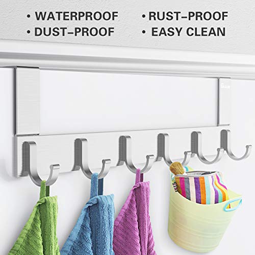 Door Hooks Hanger Rack, Anjuer Aluminum Utility Organizer Holder for Kithchen Bathroom, 6 Hooks Over the Door Hanger Silver