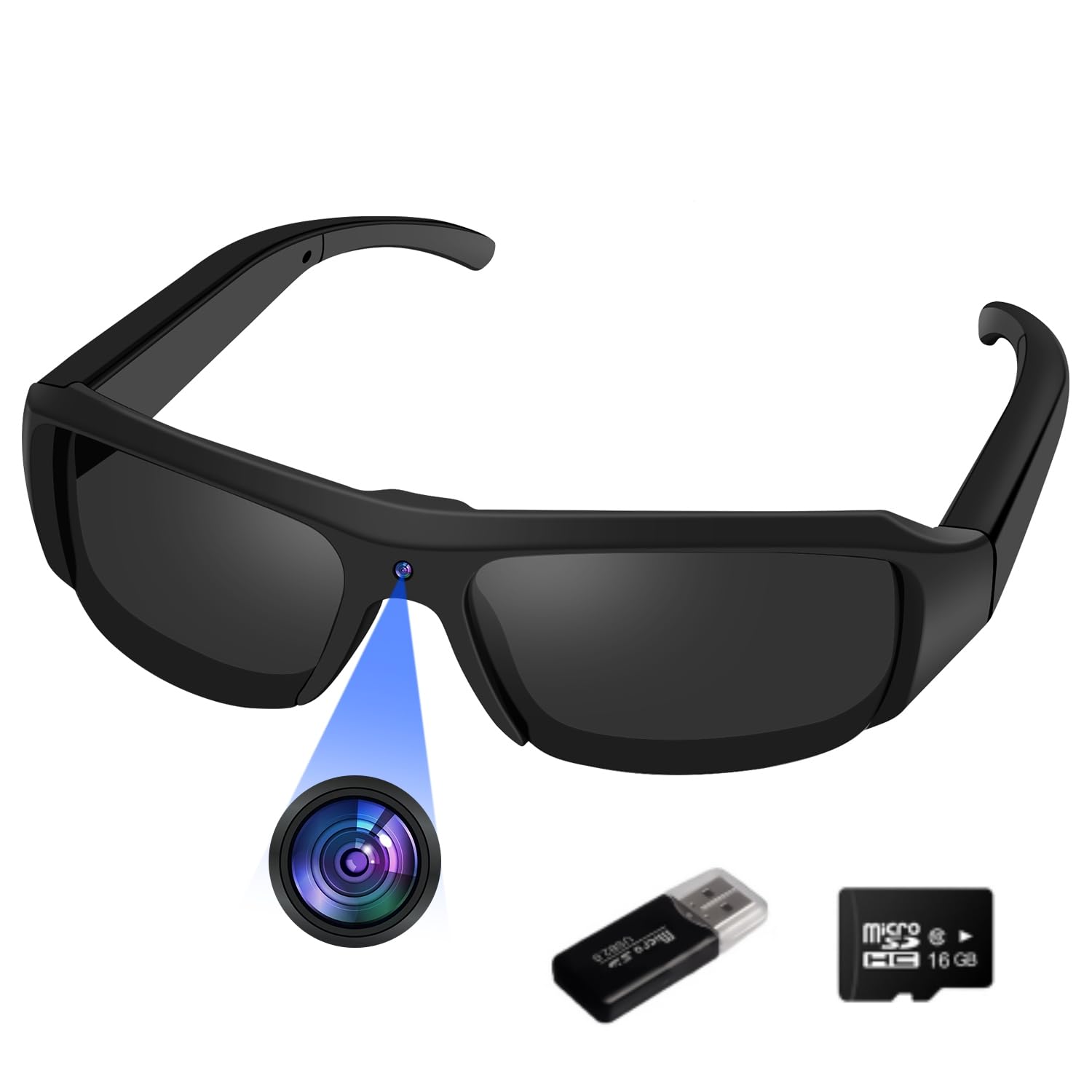 Photo 1 of Camera Sunglasses Sports Action Glasses Camera 1080P Video Camera Glasses UV Protection Polarized Lens Support Photos/Videos Recording mit 16GB Micro SD Card and Card Reader for Outdoor Activities