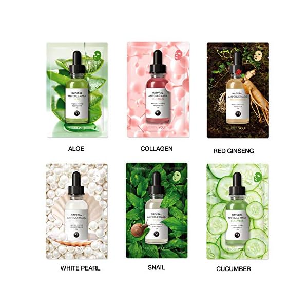 Korean Skin Care Face Mask Sheets - Natural Ampoule Masks set (pack of 6) - Snail, Collagen, Red Ginseng, White Pearl…