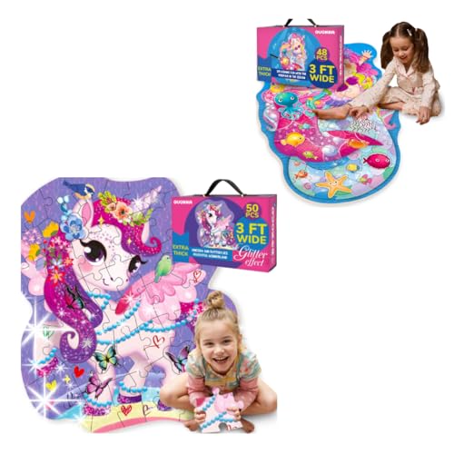 QUOKKA Glitter Puzzle Set – Unicorn & Mermaid Giant Floor Puzzles (2x3 ft, 48 pcs) for Kids Ages 2–5