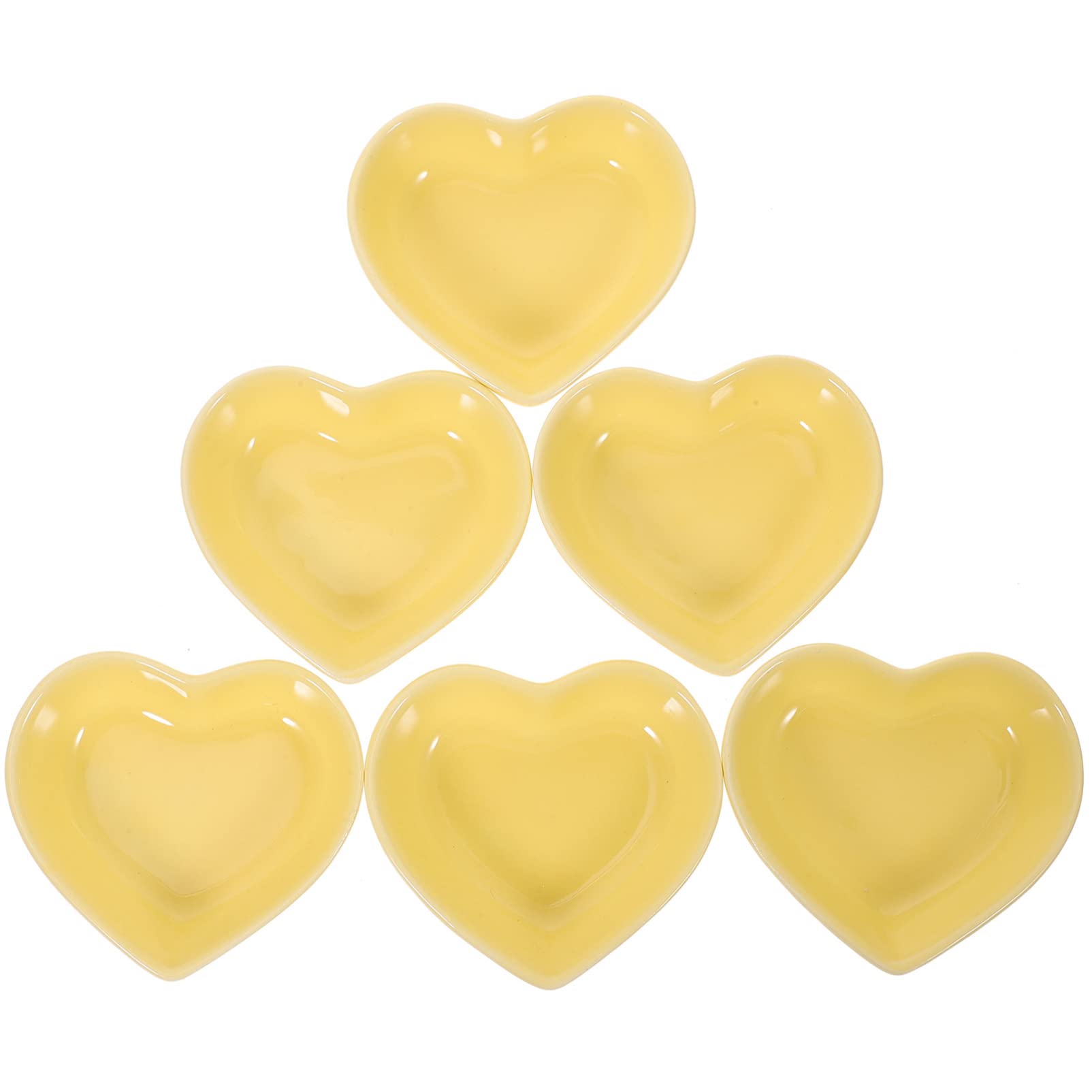 CALLARON Ceramic Dishes 6pcs Sauce Dish Heart Shaped Seasoning Dish Sushi Dipping Bowl Appetizer Plate Soy Sushi Wasabi Bowls Tea Bag Holder Yellow