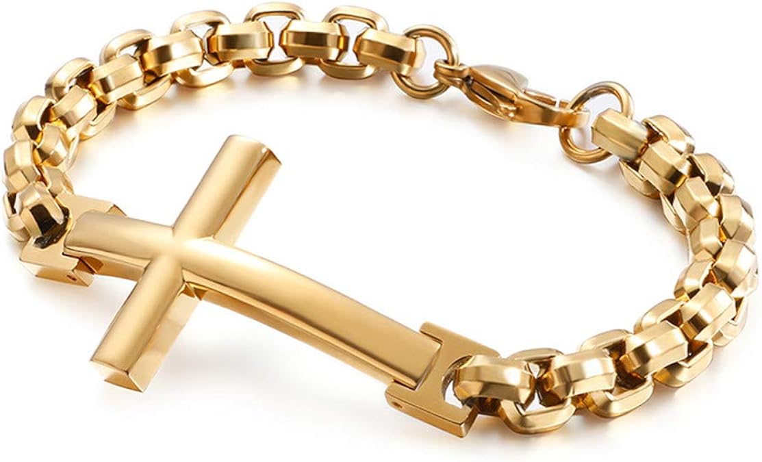 Aruie Men's Steel Chain Bracelet with Christian Side Crucifix Cross