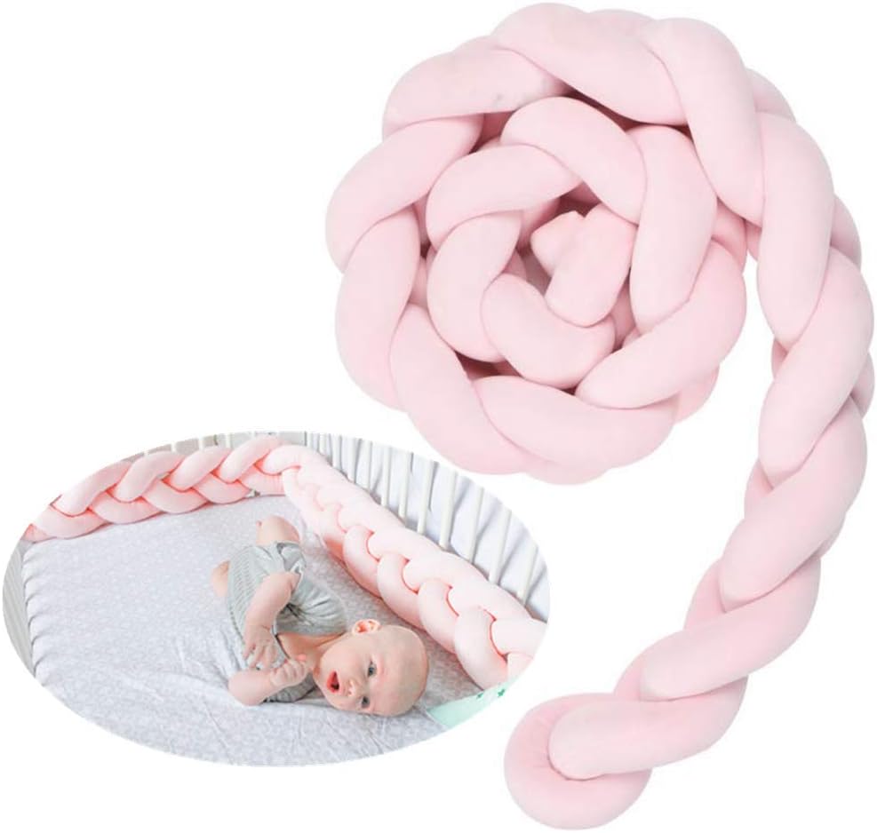 WESEEDOO Braided Crib Bumper, Baby Cot Bumper, Crib Bumper Wrap Around Protection Cotton Crib Bumpers Bedding For Newborns Bed Sleep pink,1m