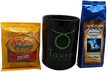 Birthday Love 3 Item Bundle - 1 Taurus Zodiac Coffee Mug 1 Louisiana Roasting Company Ground Coffee, 2 Oz and 1 Aunt Sallys Praline (French Quarter)