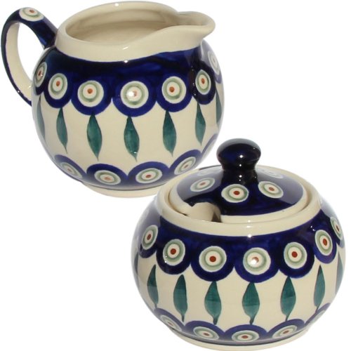 Polish Pottery Sugar Bowl and Creamer From Zaklady Ceramiczne Boleslawiec #694/711-56 Peacock Pattern, Sugar Bowl: Height: 3.7" Creamer: Height: 3.4"
