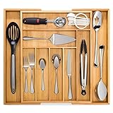 Dynamic Gear Bamboo Expandable Drawer Organizer, Premium Cutlery and Utensil Tray, 100% Pure Bamboo, Adjustable Kitchen Drawer Divider (7 Compartments Expandable)