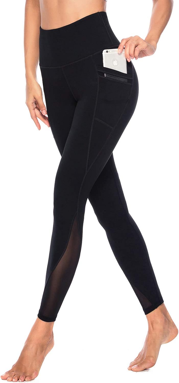 AFITNE Women’s High Waist Mesh Yoga Leggings with Side Pockets, Tummy Control Workout Squat-Proof Yoga Pants: Clothing