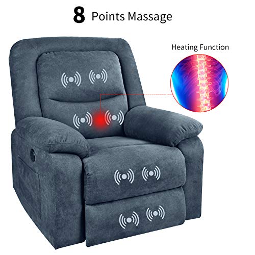MAGIC UNION Overstuffed Fabric Electric Recliner Chair Heated Vibration Massage Sofa with USB Charge Port Home Theater Seating