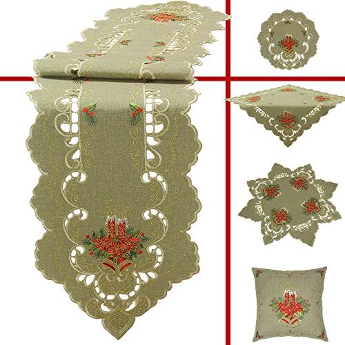 Quinnyshop Embroidred Table Runners - Christmas Candles Bells Poinsettia Flowers 16-Inch-by-35-Inch / 40 x 90 cm Oval Linen Look Polyester, Green / Beige