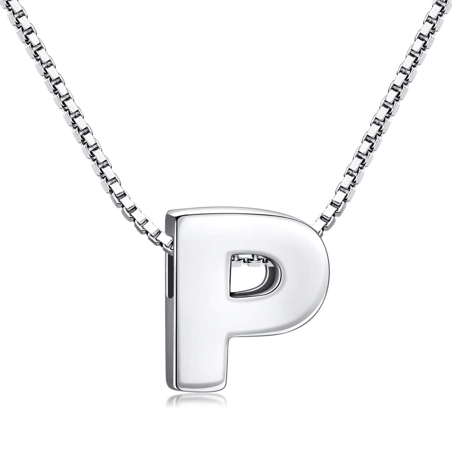 Candyfancy 1.0mm 18 inch 925 Sterling Silver 26 Small Letters Alphabet A-Z Initial Pendant Box Chain Necklace (P with Chain) — image 1