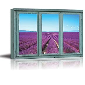 Canvas Wall Art - 3 Frame Window Overlooking Rows of Purple Flowers with a Blue Sky - Giclee Print Gallery Wrap Modern Home Art Ready to Hang - 24x36 inches