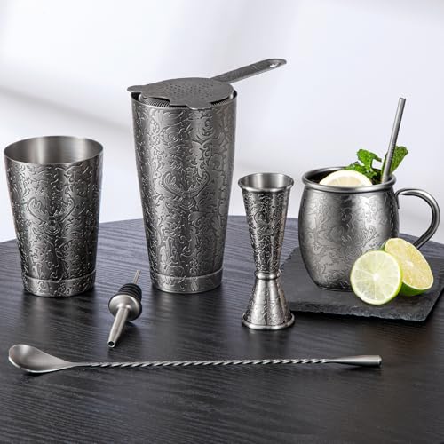 SKY FISH® Shaker per Cocktail Boston, Kit Cocktail da 18 Pezzi con Design in Rilievo 3D, Set da Barman Professionale per Gli Amanti dei Cocktails, Lavaggio a Mano, Grigio Spazio