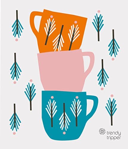 Swedish Dishcloth - Anna Kovecses Midcentury Design - Stacked Cups (Cobalt Blue/Orange/Pink)