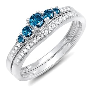 Dazzlingrock Collection 0.45 cttw Round Blue and White Diamond 5 Stone Wedding Ring Set for Her (White Diamond Color I-J…