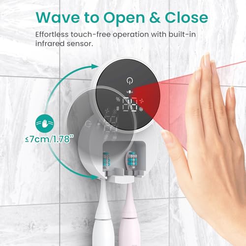 LifeBasis UV Toothbrush Steriliser with 60 °C Drying, Electric Toothbrush Holder with UV Disinfection, LED Display, Drill-Free Wall Mounting, Up to 33 Days Battery Life for Family & Travel