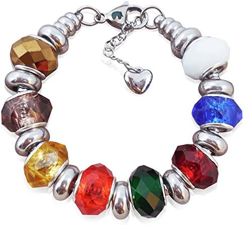 Timeline Treasures European Charm Bracelet With Bead Charms For Teen Girls, Stainless Steel Snake Chain, Rainbow Glass 7.5 Inch