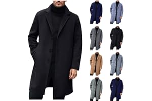 Huneny Mens Trench Coat Slim Fit Single Brested Overcoat Winter Notched Collar Wool Blend Long Winter Coats With Pockets