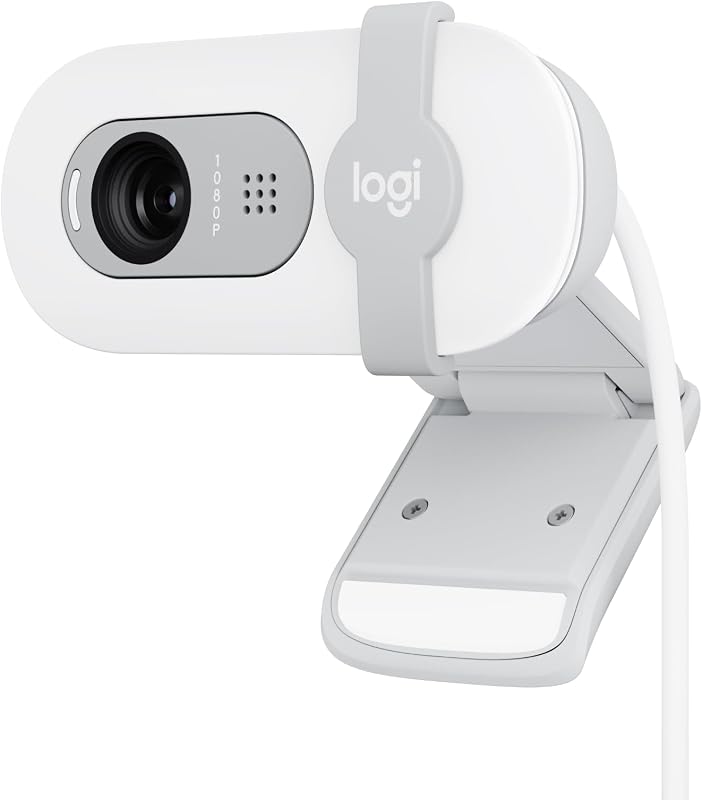 Logitech brio 100, webcam full hd para reuniões e streaming, equilíbrio automático de iluminação, microfone embutido, capa de privacidade, usb-a, branco