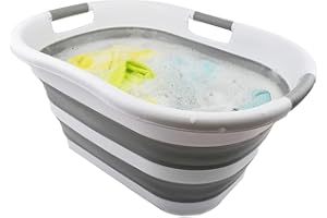 SAMMART 40L (10.5 gallons) Collapsible Plastic Laundry Washing Tub - Foldable Pop Up Laundry Basket/Hamper - Portable Washing Tub - Pop Up Saving (White/Grey)