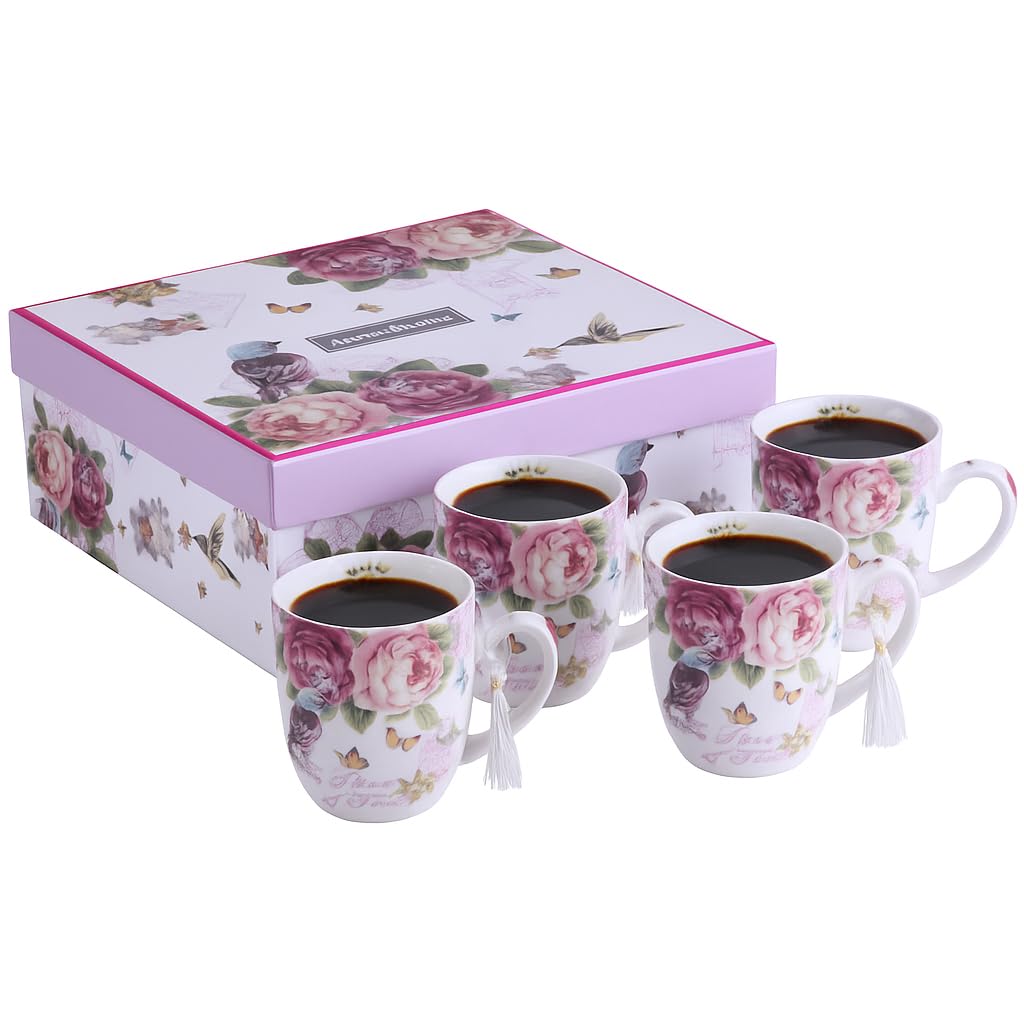 London Boutique Cups Mugs Set 4 Fine China Shabby Chic Vintage Gift Box 350ML for Tea Coffee Cappuccino Catte Mocha (Bird Rose Butterfly)