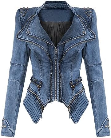 Womens Denim Jacket Zip Up Coat Biker Jacket Punk Coat Shoulder Pad Blazer Cardigan Short Jackets Rivet Jeans Jacket Transition Rivet Outwear Jackets Black Green Blue S - XXL