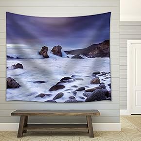 Seascape with Rocks and White Seawaves - Fabric Wall Tapestry Home Decor - 51x60 inches