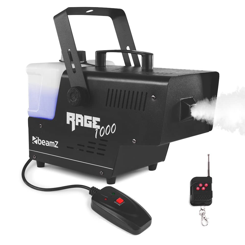 beamz Rage1000 Smoke Machine with Wireless Remote Control, 1000W DJ Fog Machine, LED Illuminated 2L Tank, Fast Heating, Party Smoke Machine for Events, Weddings, Venues & Mobile DJs