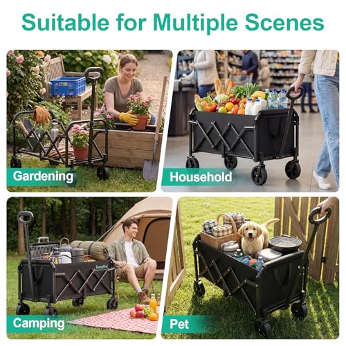SUNNYFEEL Lightweight Folding Wagon Cart, 350LBS Portable Wagon Carts Foldable for Shopping Camping Garden Beach,Black