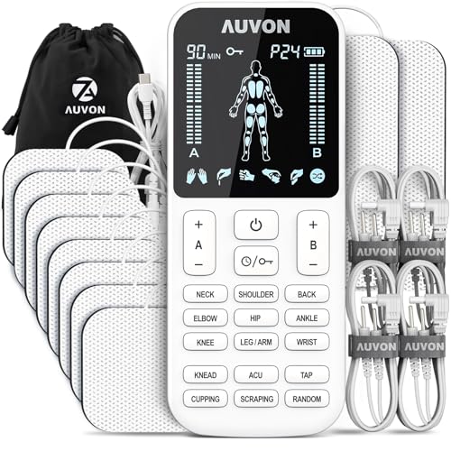 AUVON 4 Outputs TENS Unit Muscle Stimulator with 24 Modes & Intuitive Operation Design, FSA & HSA Eligible, TENS Machine with 10 TENS Pads, Electronic Pulse Massager for Back Pain Relief Therapy