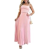 CHCIME Maxi Dress for Women French Style Square Neck Adjustable Straps Backless Pleated Wedding Guest Vacation Dress