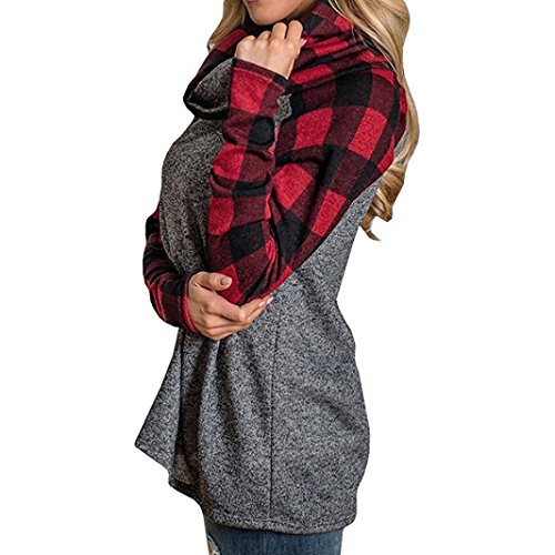 Tsmile Womens Turtleneck Cowl Neck Tops Plaid Patchwork Shirts Oversized Tunic Long Sleeve Pullover (Red, 2XL)