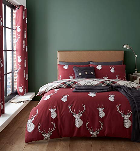 Catherine Lansfield Munro Stag Check Reversible Single Duvet Cover Set with Pillowcase Red